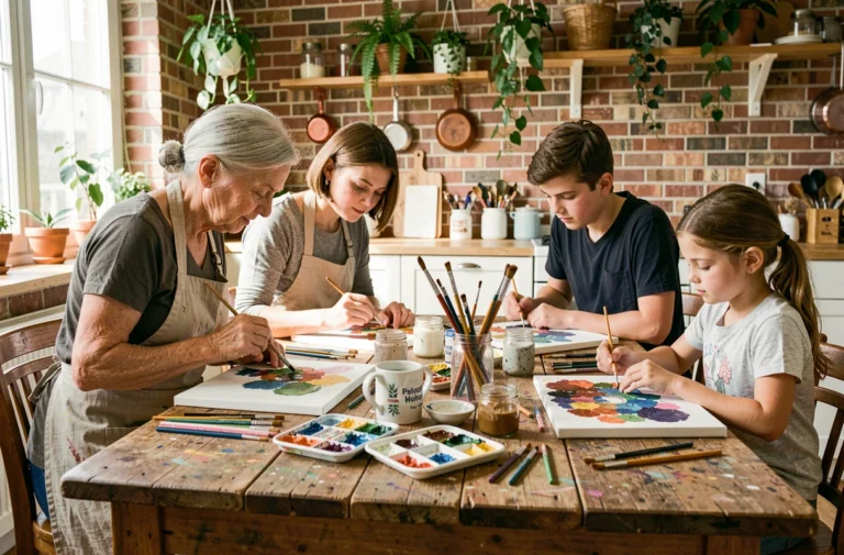 Famille multigénérationnelle faisant de la peinture ensemble autour d'une table en bois, activité créative pour tous les âges