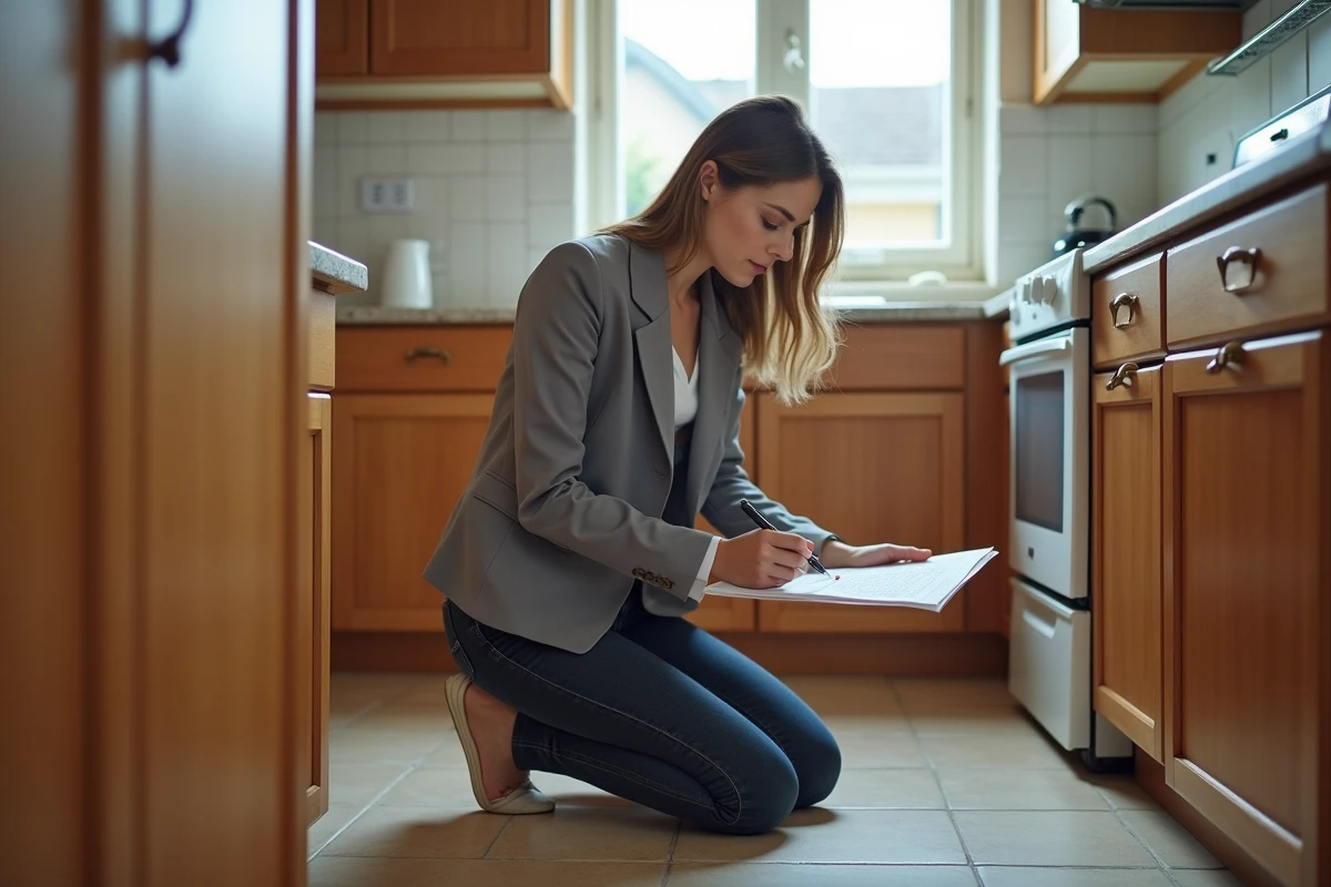 Agente immobilière inspectant les détails d'une cuisine lors d'un état des lieux