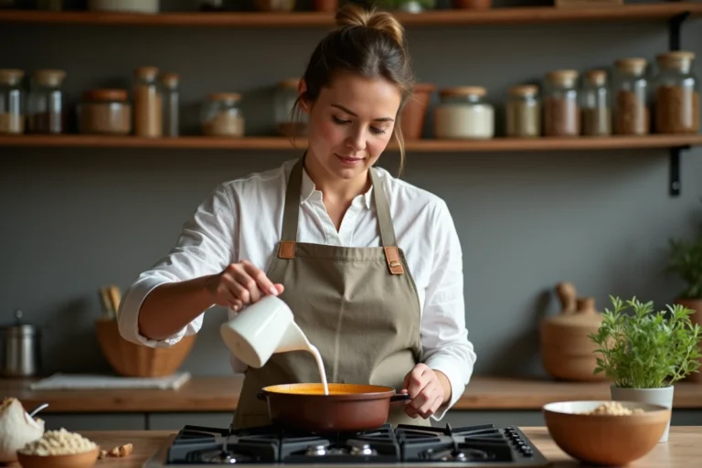 Femme versant du lait d'avoine dans une casserole de curry comme alternative au lait de coco dans une recette salée