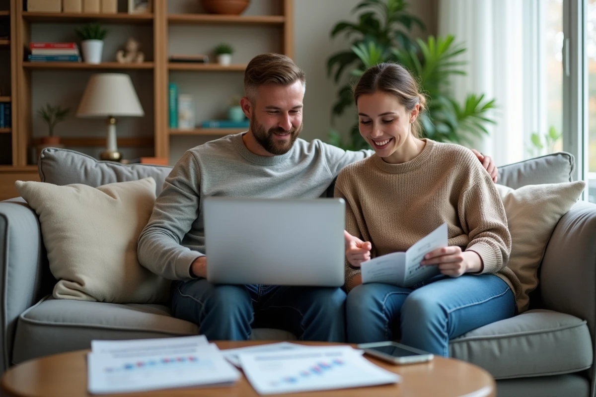 Deux amis étudiant ensemble les bases de la bourse sur un ordinateur portable dans un salon confortable