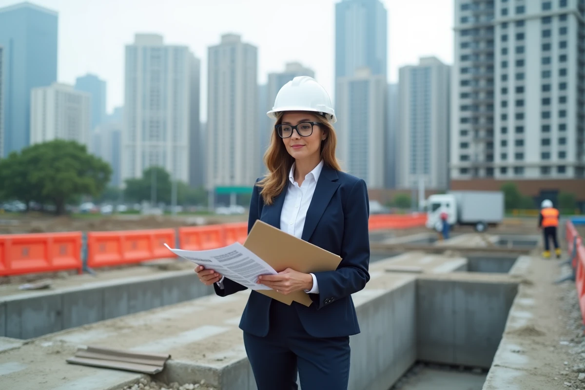 Architecte féminine consultant un dossier de permis de construire sur un chantier urbain