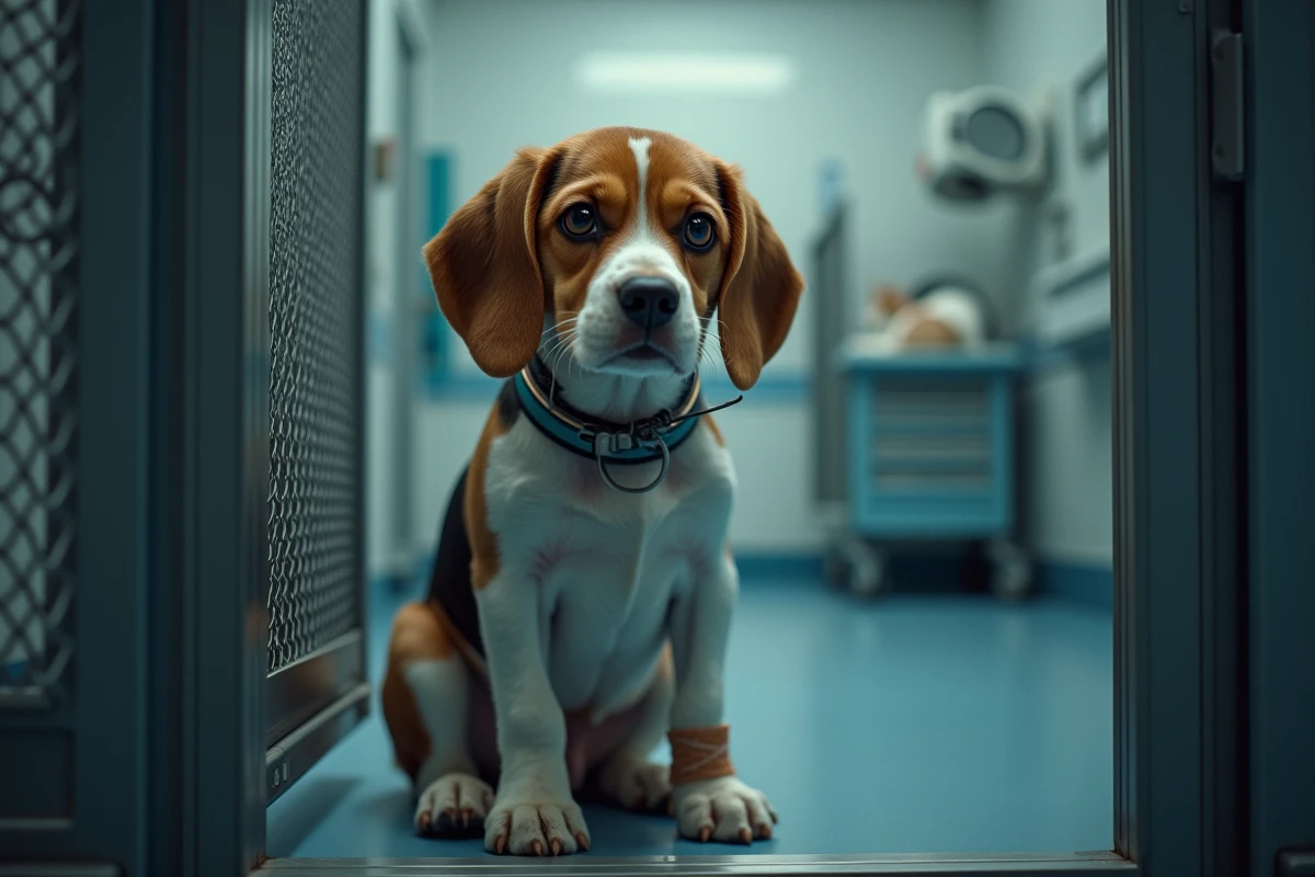 Petit chien beagle avec une collerette regardant à travers la porte de sa cage vétérinaire la nuit