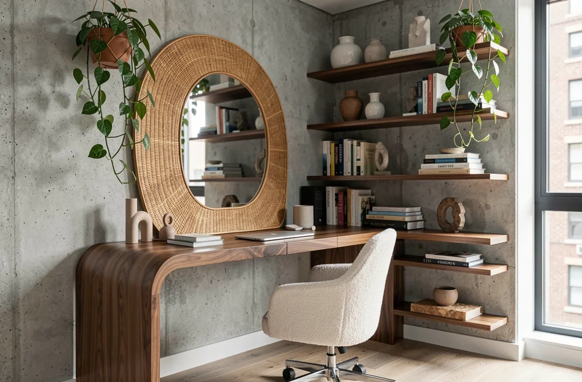 Bureau moderne dans un appartement urbain avec bureau en noyer, chaise bouclé et étagères décorées dans un style industriel tendance