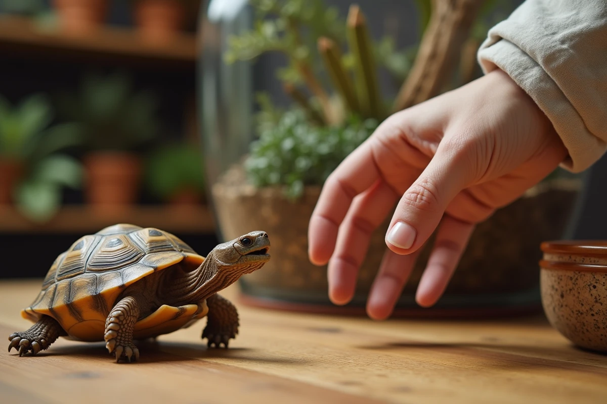 Main humaine approchant prudemment une tortue Hermann montrant un comportement agressif, gueule ouverte sur une table en bois