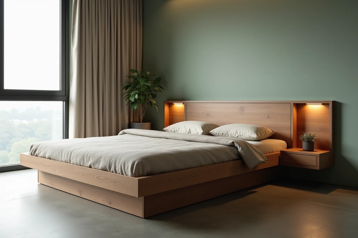 Chambre compacte optimisée avec lit plateforme sur mesure en chêne fumé intégrant des rangements tiroirs et des niches murales