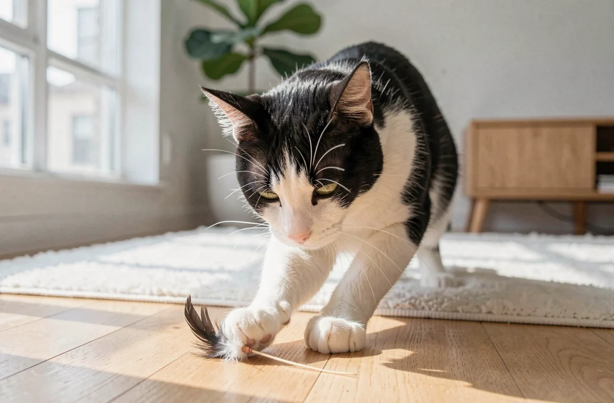 Chat noir et blanc jouant seul avec un jouet à plumes sur un parquet clair dans un intérieur minimaliste