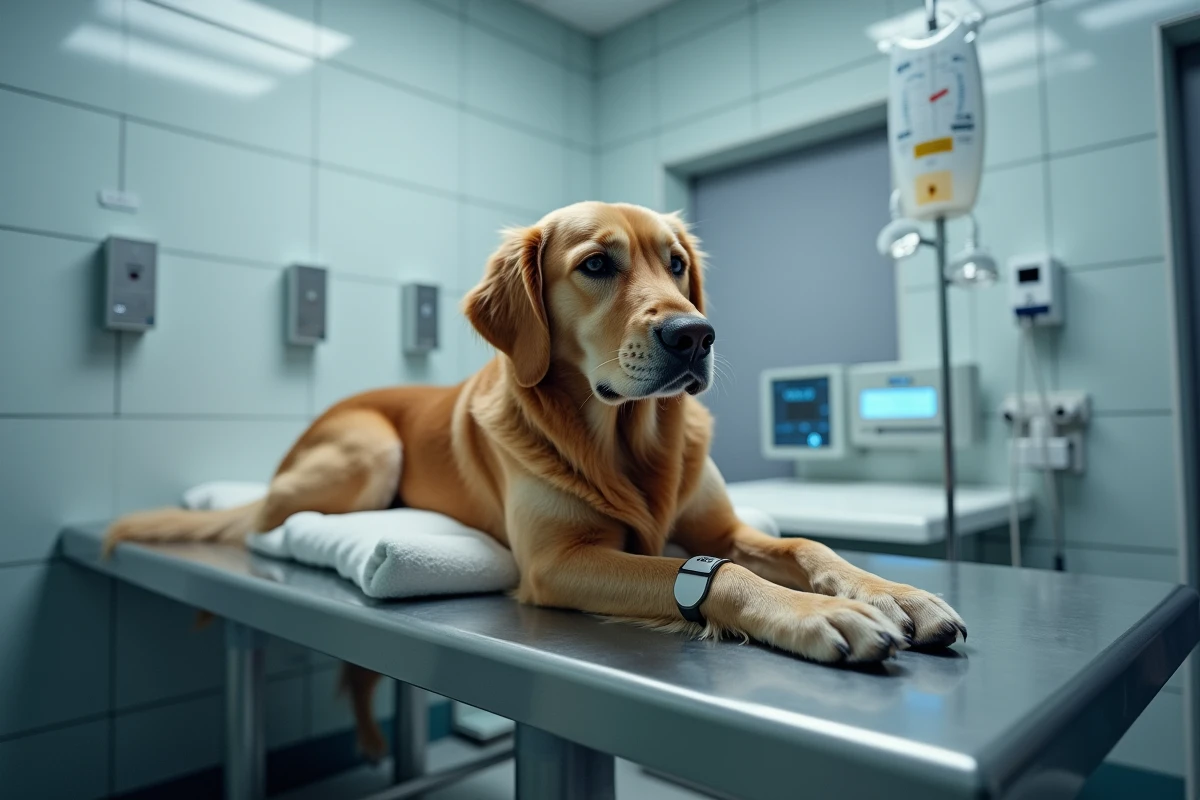 Chien golden retriever allongé sur une table d'examen vétérinaire la nuit avec une couverture et une perfusion
