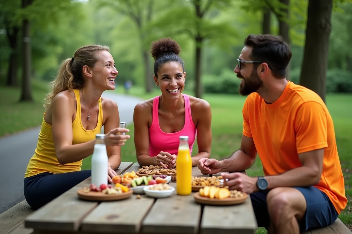 Groupe d'athlètes partageant des collations saines et nutritives après une session de course en plein air