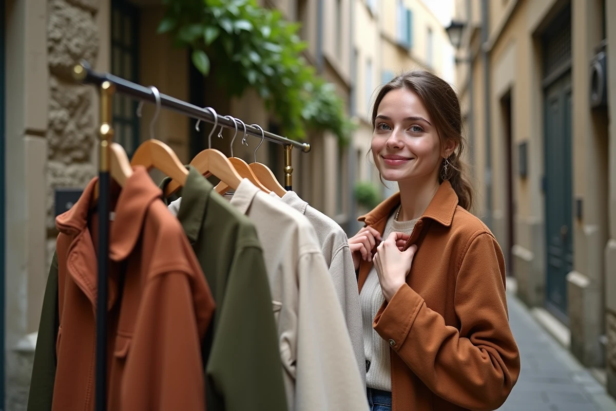 Créatrice de mode indépendante présentant sa collection capsule dans une cour pavée du Vieux-Lille lors d'un événement mode émergent