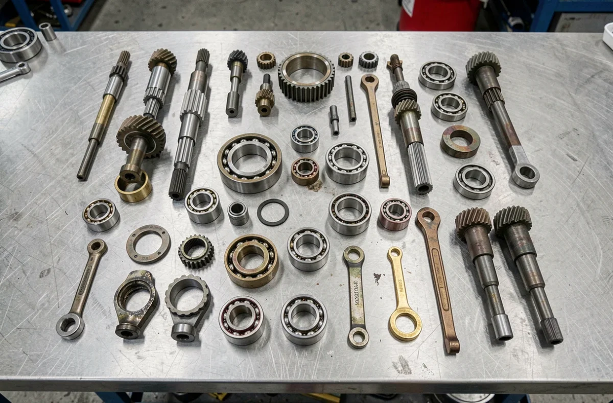 Vue éclatée des composants d'une boîte de vitesse manuelle sur un établi d'atelier mécanique professionnel
