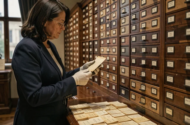 Conservatrice du Louvre examinant une fiche d'inventaire manuscrite ancienne dans une salle d'archives
