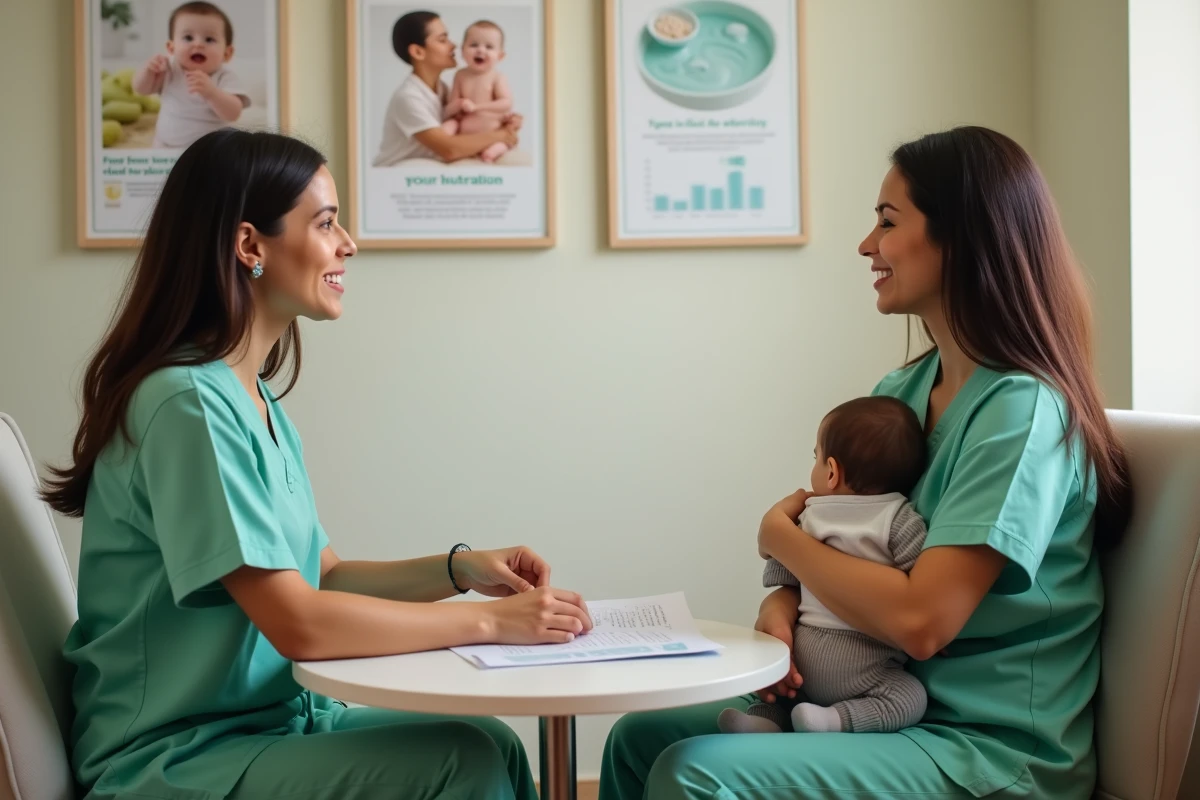 Consultante en lactation expliquant la démarche d'obtention d'une attestation d'allaitement à une jeune mère