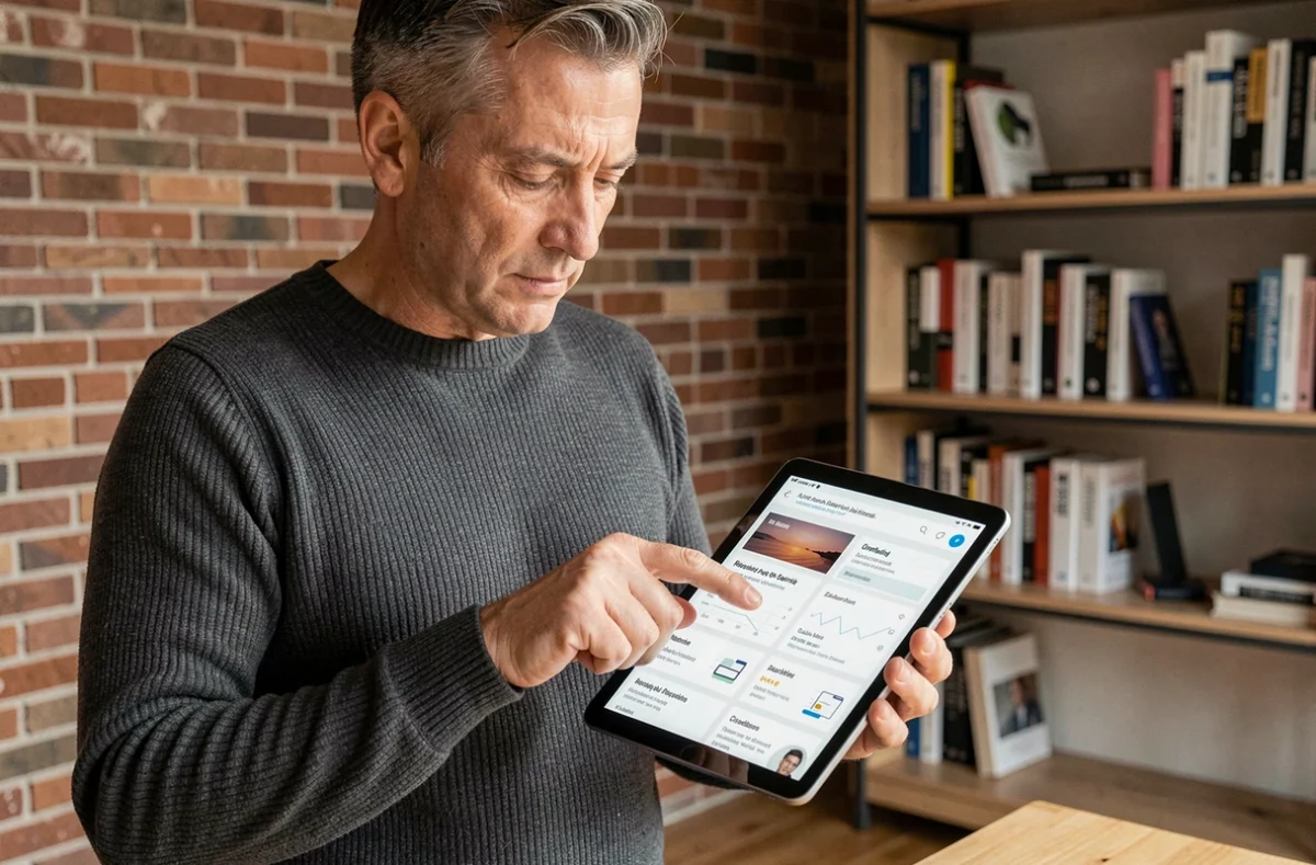 Homme consultant la structure de navigation d'un site web sur une tablette dans un bureau à domicile