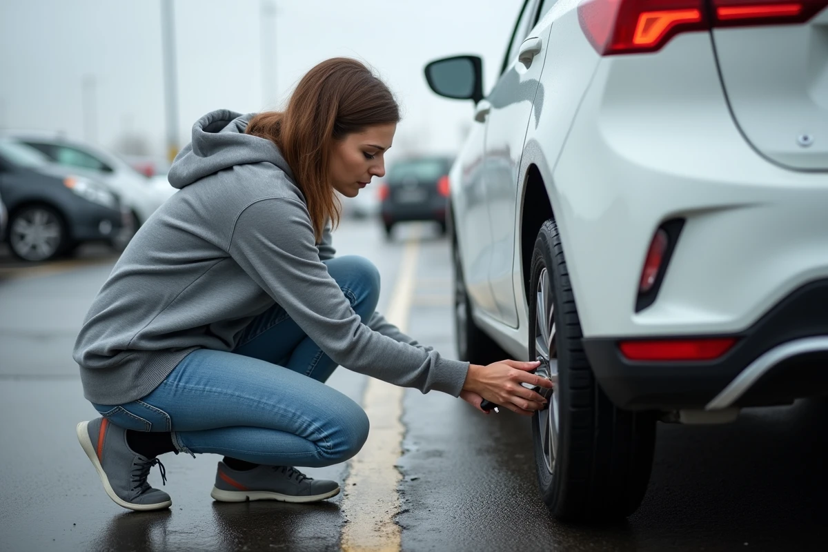 Femme vérifiant la pression des pneus de sa voiture avec un manomètre dans un parking extérieur