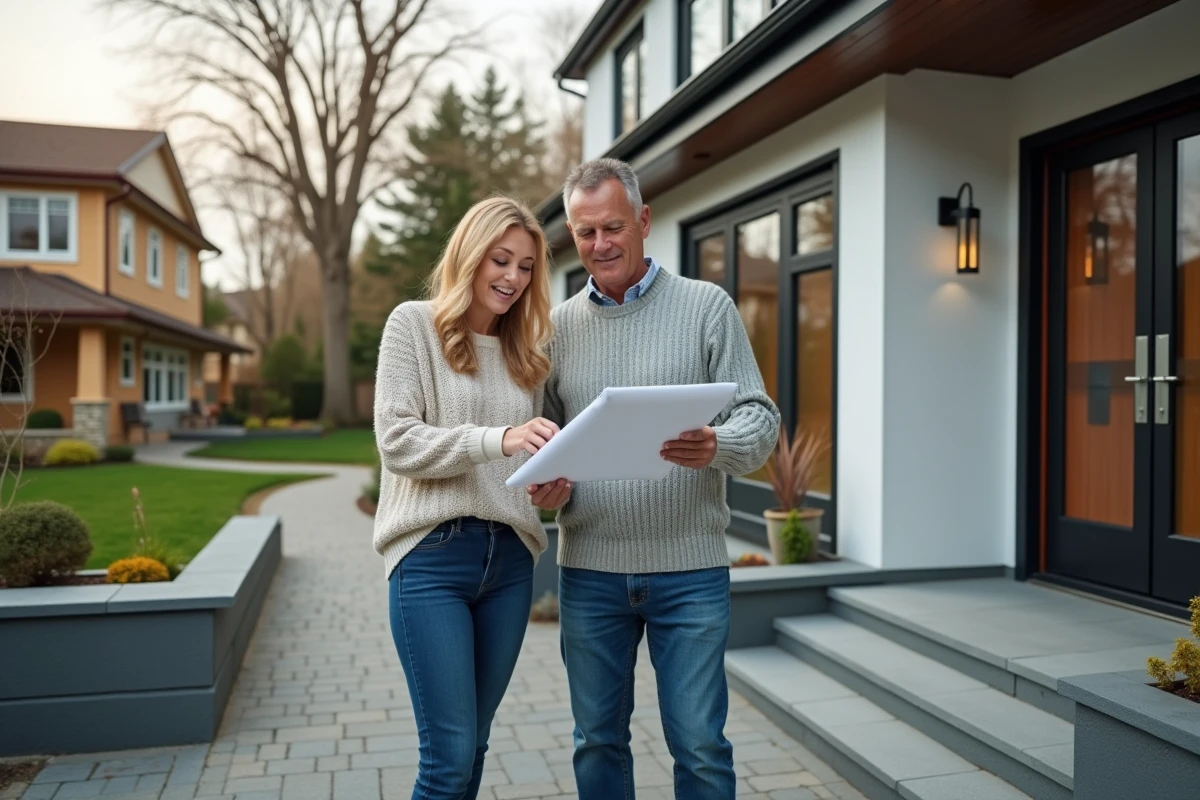 Couple regardant plans numériques devant une maison moderne