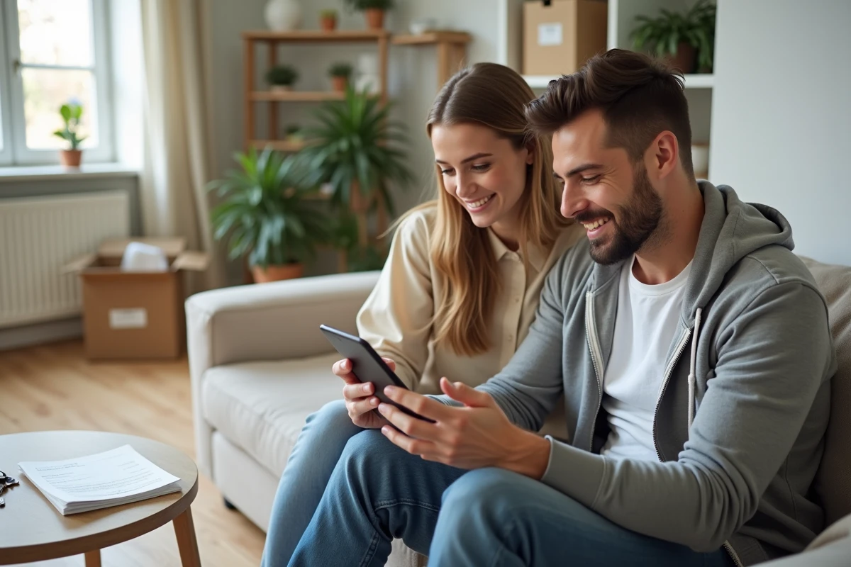 Couple consultant leur téléphone pour vérifier l'état de leur demande de garantie Visale avant de signer un bail