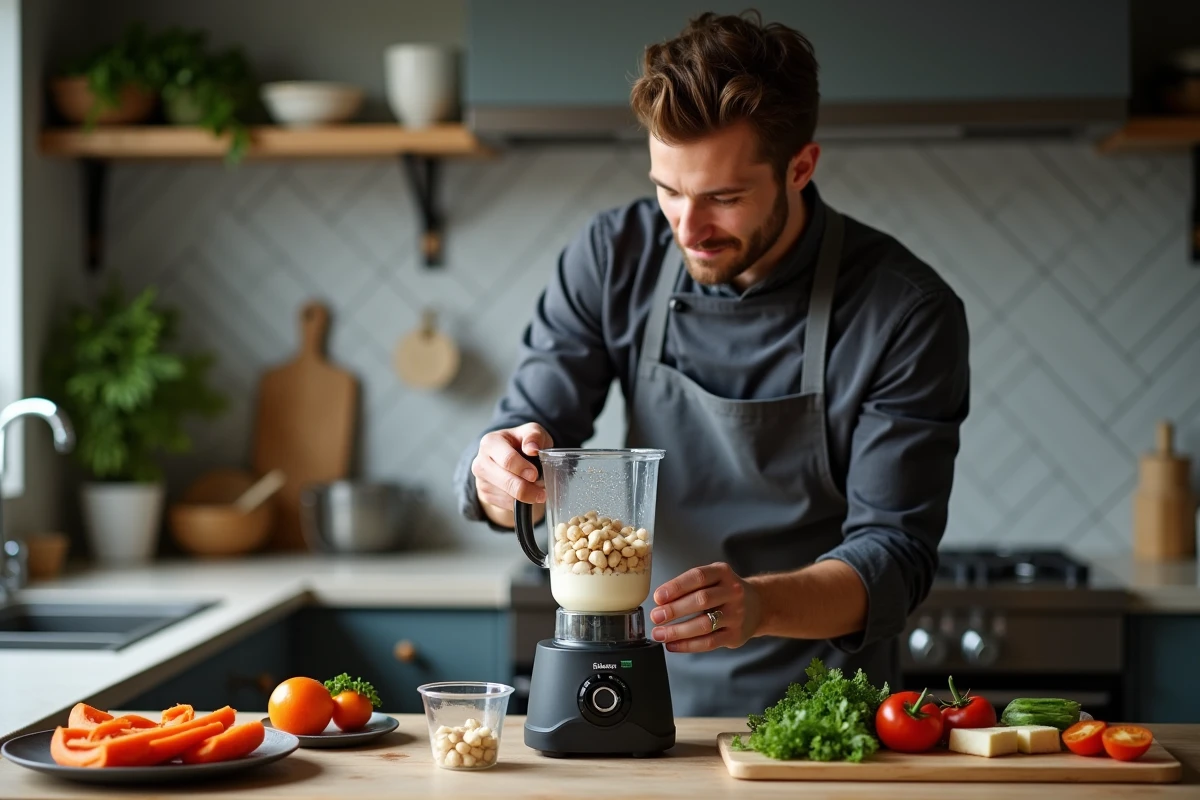 Homme préparant une crème de noix de cajou maison dans un blender comme substitut au lait de coco pour une recette salée