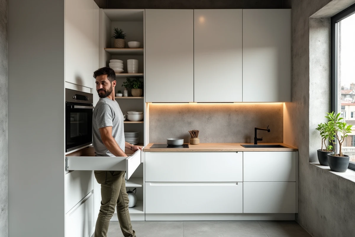 Homme utilisant un rangement de cuisine sur mesure en laque blanche avec tiroirs cachés dans un appartement compact