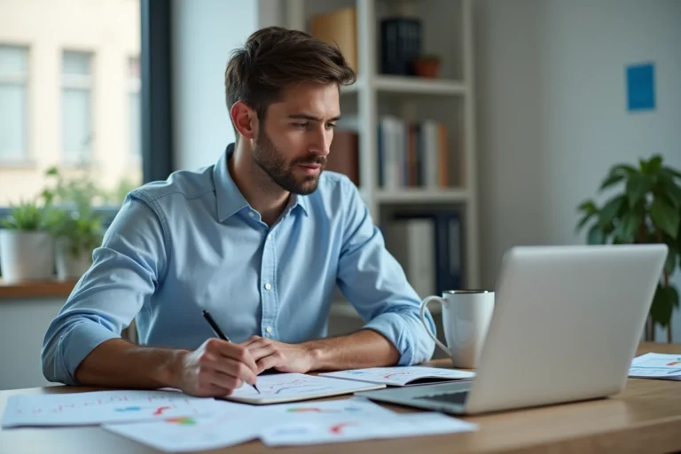 Jeune homme analysant des graphiques boursiers sur son bureau à domicile pour débuter en investissement