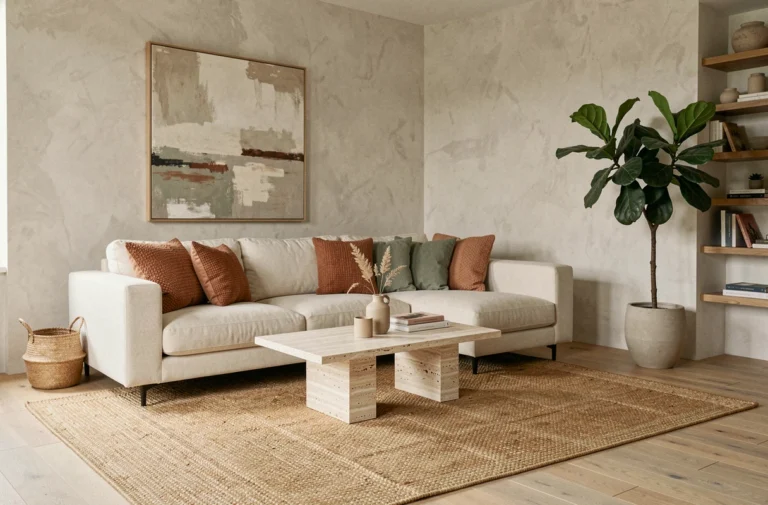 Salon moderne au style scandinave avec canapé en lin crème, table en travertin et plante d'intérieur dans une ambiance décorative tendance