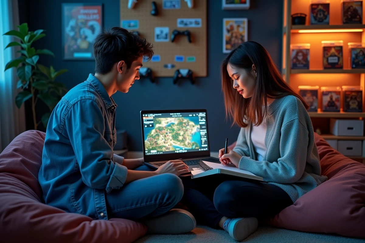 Deux joueurs consultant ensemble un guide de soluce sur ordinateur portable dans une salle de jeux décorée