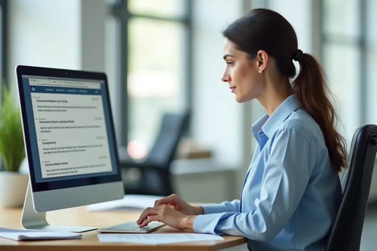 Enseignante consultant sa messagerie académique Roundcube sur un ordinateur de bureau dans un bureau moderne