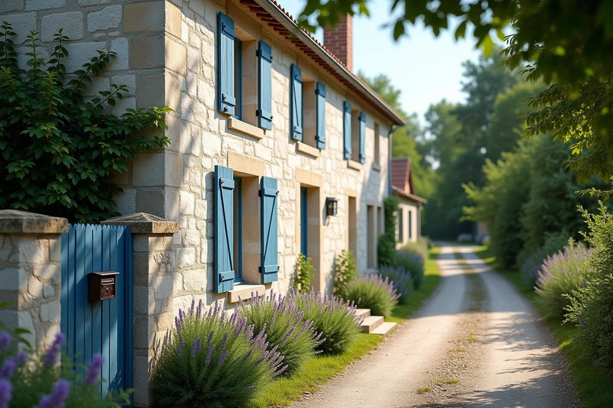 Façade d'une résidence secondaire en pierre en France avec volets bleus et jardin fleuri, illustrant un bien immobilier soumis à la fiscalité