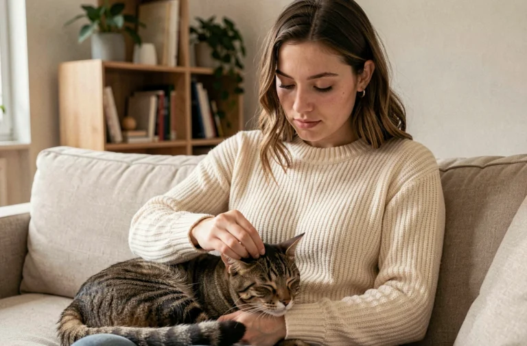Jeune femme brossant affectueusement son chat tigré sur un canapé beige dans un appartement moderne