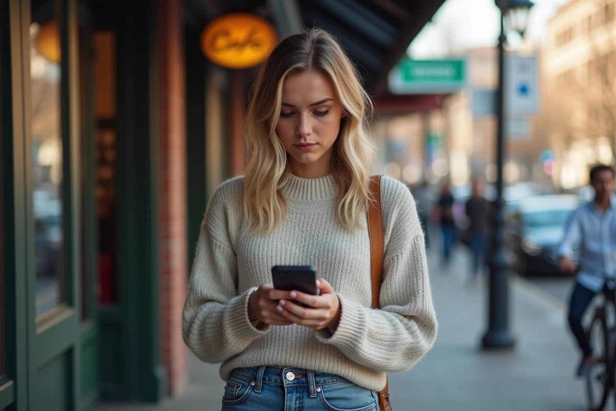 Jeune femme regardant son smartphone devant un café urbain