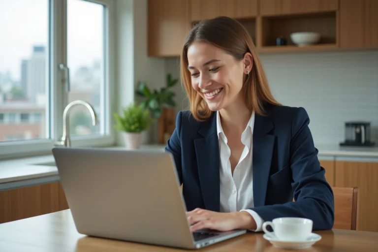 Jeune femme en visio avec agent immobilier dans un appartement lumineux