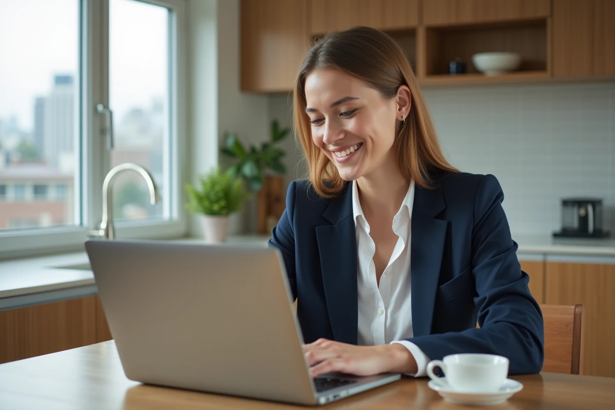 Jeune femme en visio avec agent immobilier dans un appartement lumineux