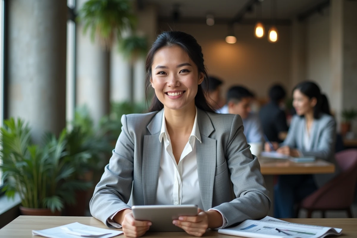 Femme professionnelle consultant une application boursière sur tablette dans un espace de coworking moderne