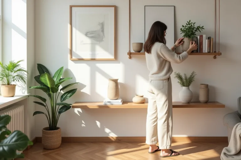 Jeune femme arrangeant des livres dans un salon lumineux