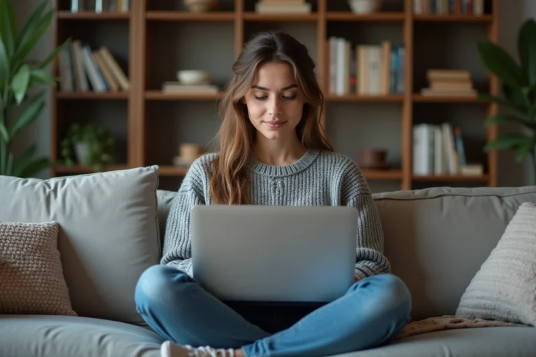 Jeune femme regardant un ordinateur portable dans un salon cosy