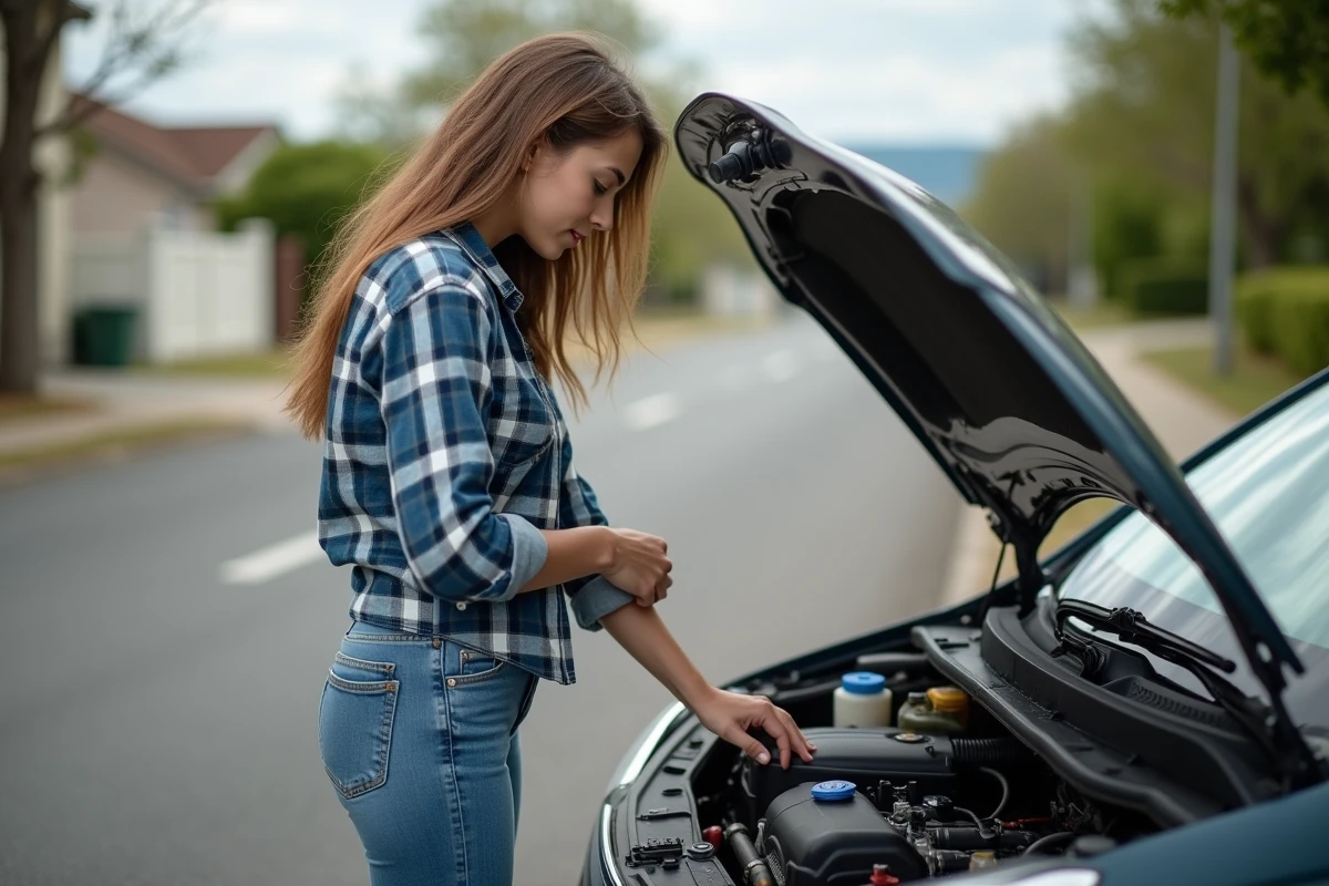 Jeune femme regarde le moteur de sa voiture en extérieur
