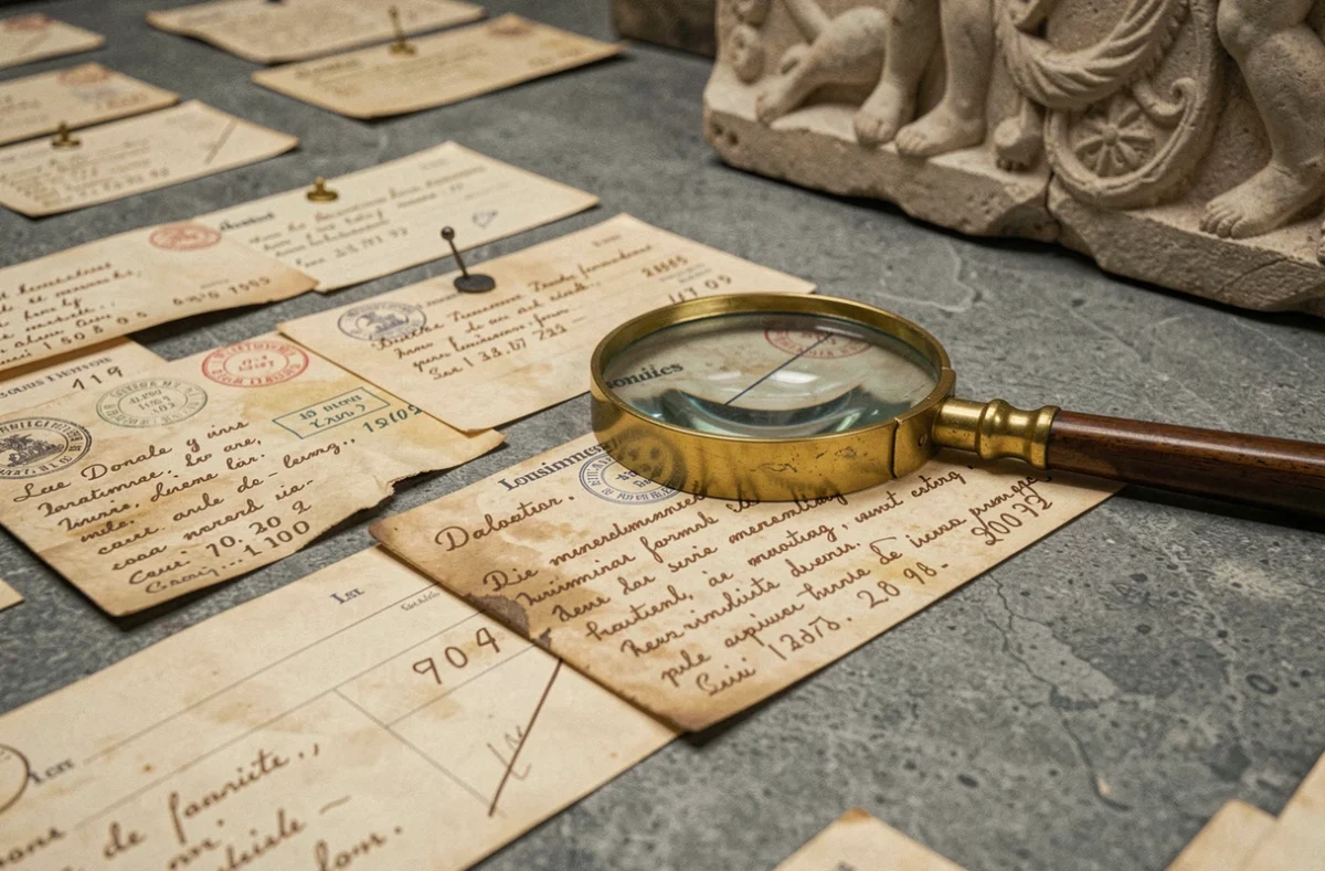 Fiches d'inventaire manuscrites du Louvre sur une table d'archives révélant la provenance d'objets de conquête militaire