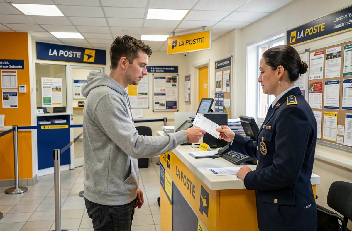 Homme déposant un formulaire de réexpédition de courrier au guichet d'un bureau de poste français