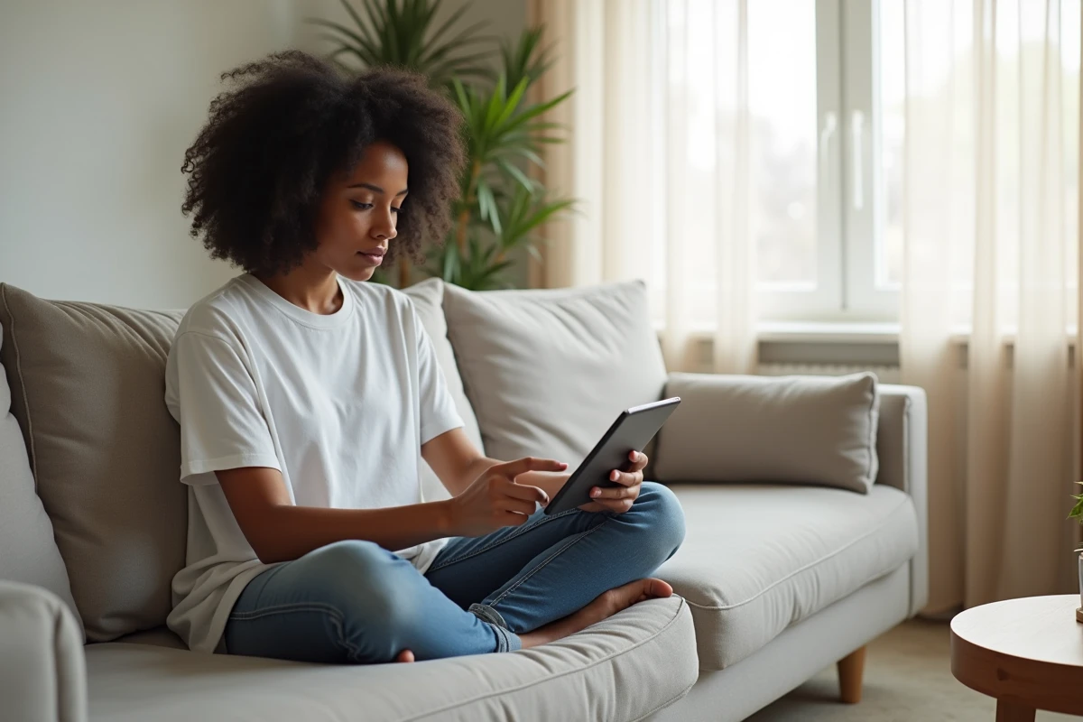 Personne assise sur un canapé utilisant une tablette pour suivre les étapes de suppression d'un compte Le Bon Coin