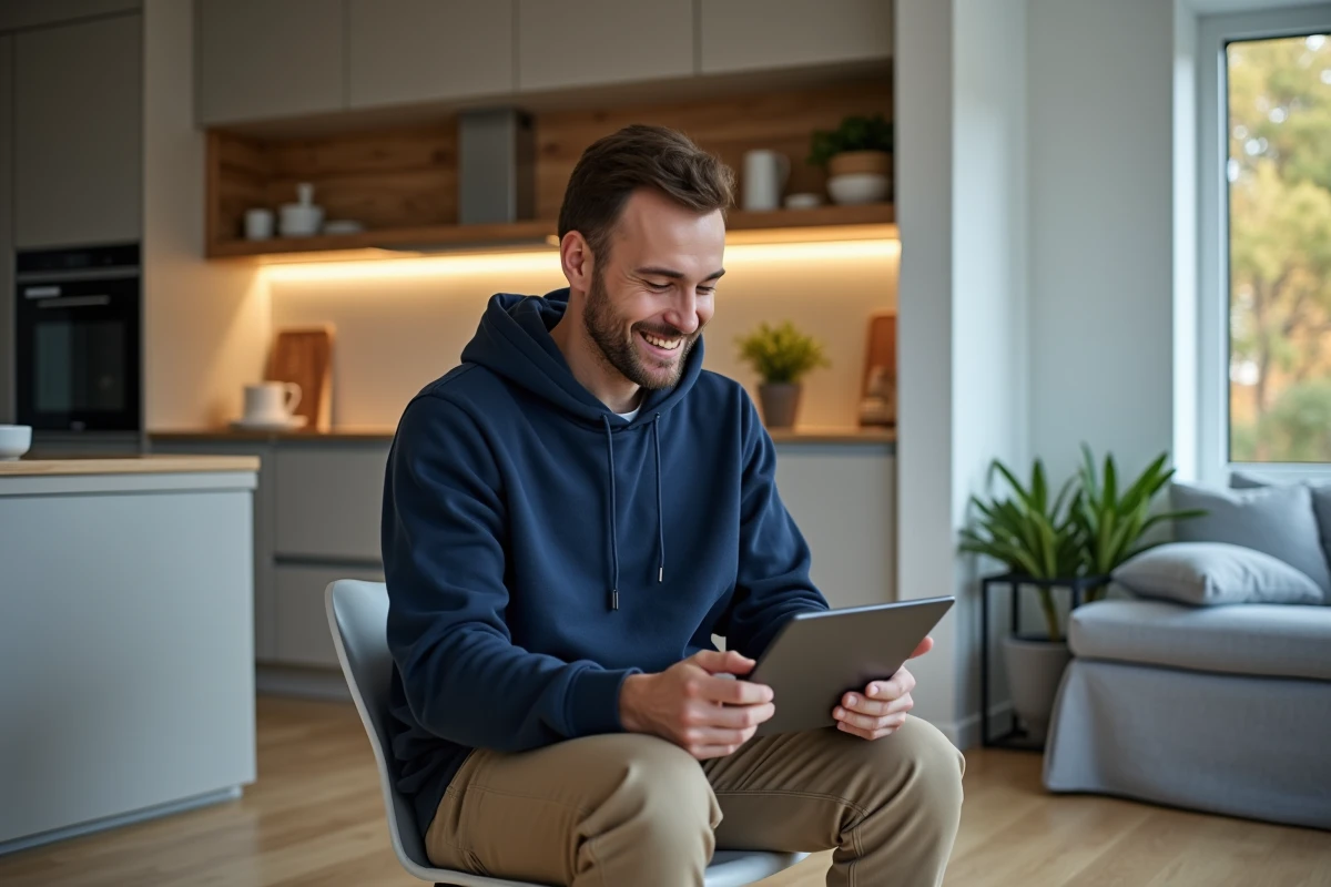 Jeune homme choisissant un film sur une tablette dans la cuisine