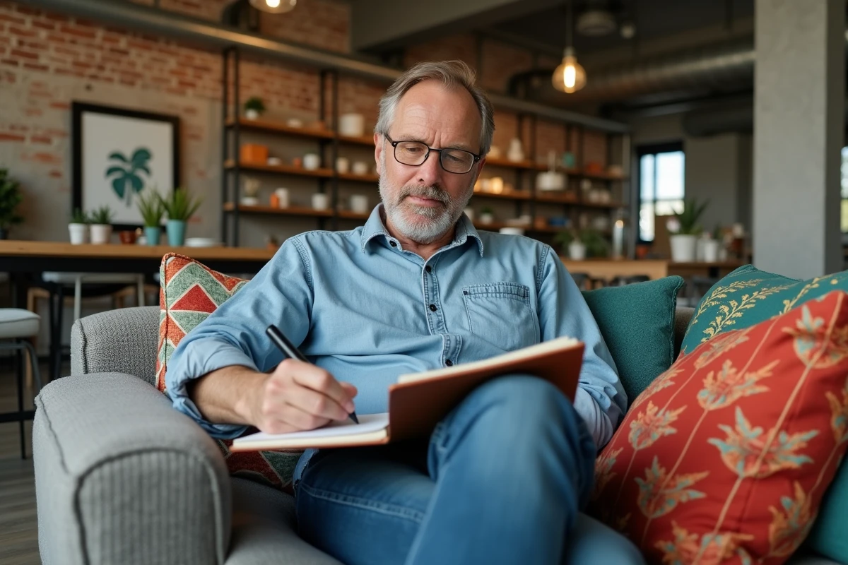 Homme esquissant des idées de design dans un loft moderne