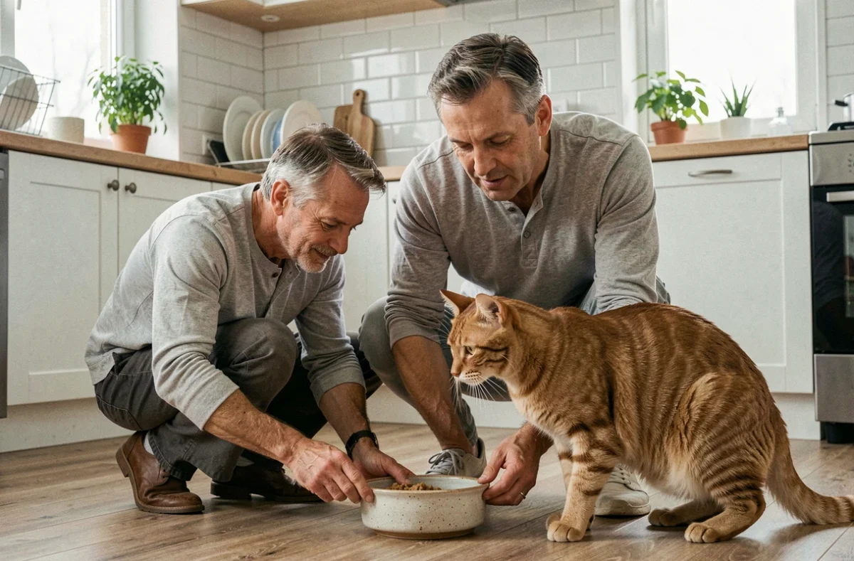 Homme d'âge mûr nourrissant son chat roux dans une cuisine domestique au quotidien