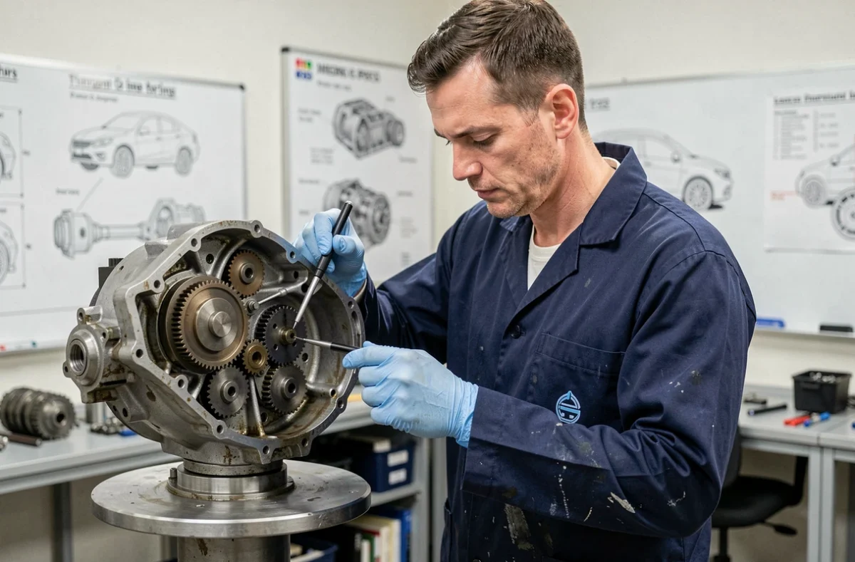 Ingénieur automobile analysant la coupe transversale d'une boîte de vitesse dans un centre de formation technique