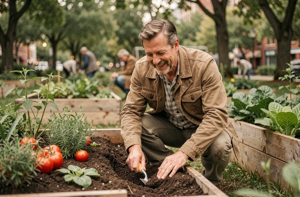 Homme adulte jardinant dans un potager communautaire urbain, loisir nature et jardinage pour adultes