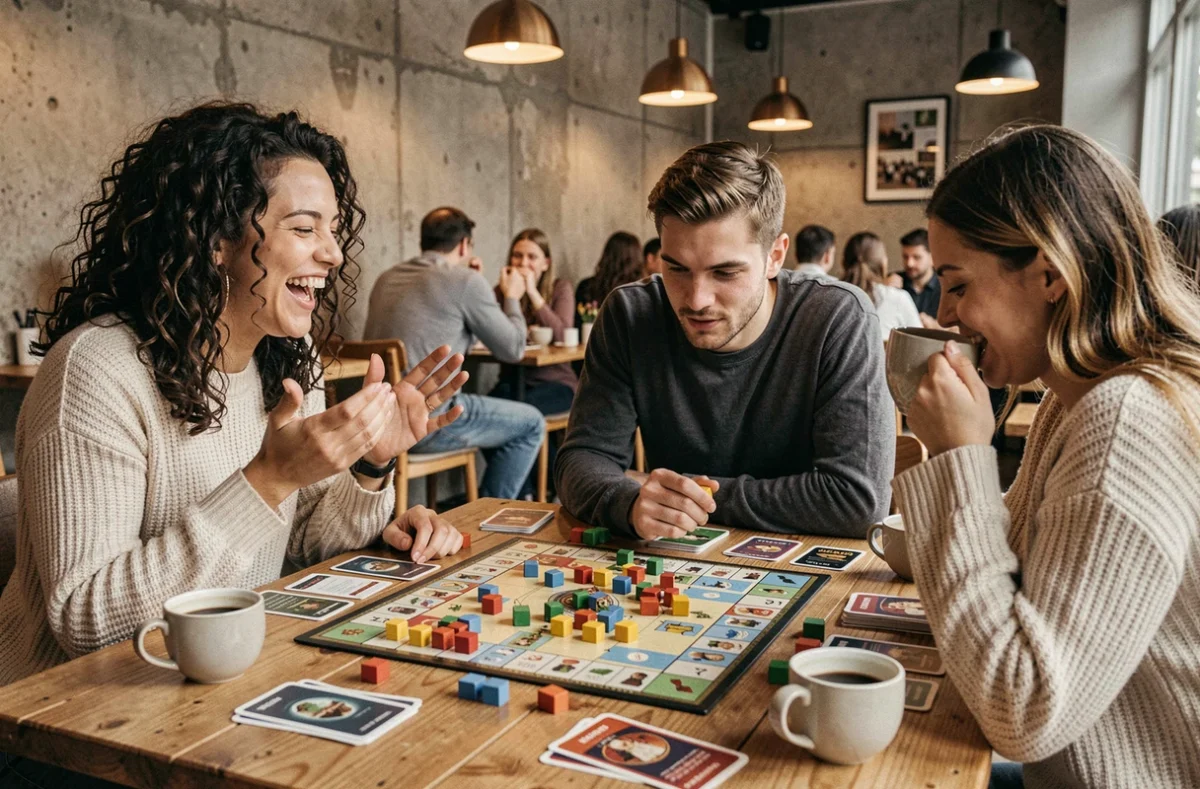 Groupe de jeunes adultes jouant à un jeu de société dans un café chaleureux, loisir social et convivial entre amis