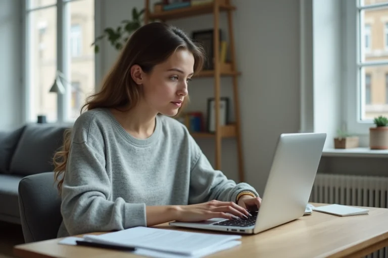 Jeune femme consultant sa messagerie en ligne pour suivre l'avancement de sa demande de garantie Visale sur son ordinateur portable