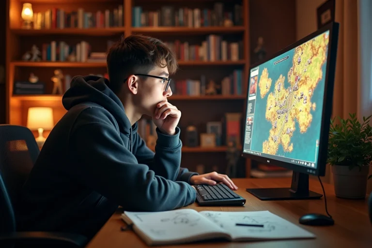 Joueur concentré devant un écran de jeu de stratégie fantasy avec des notes de soluce sur son bureau