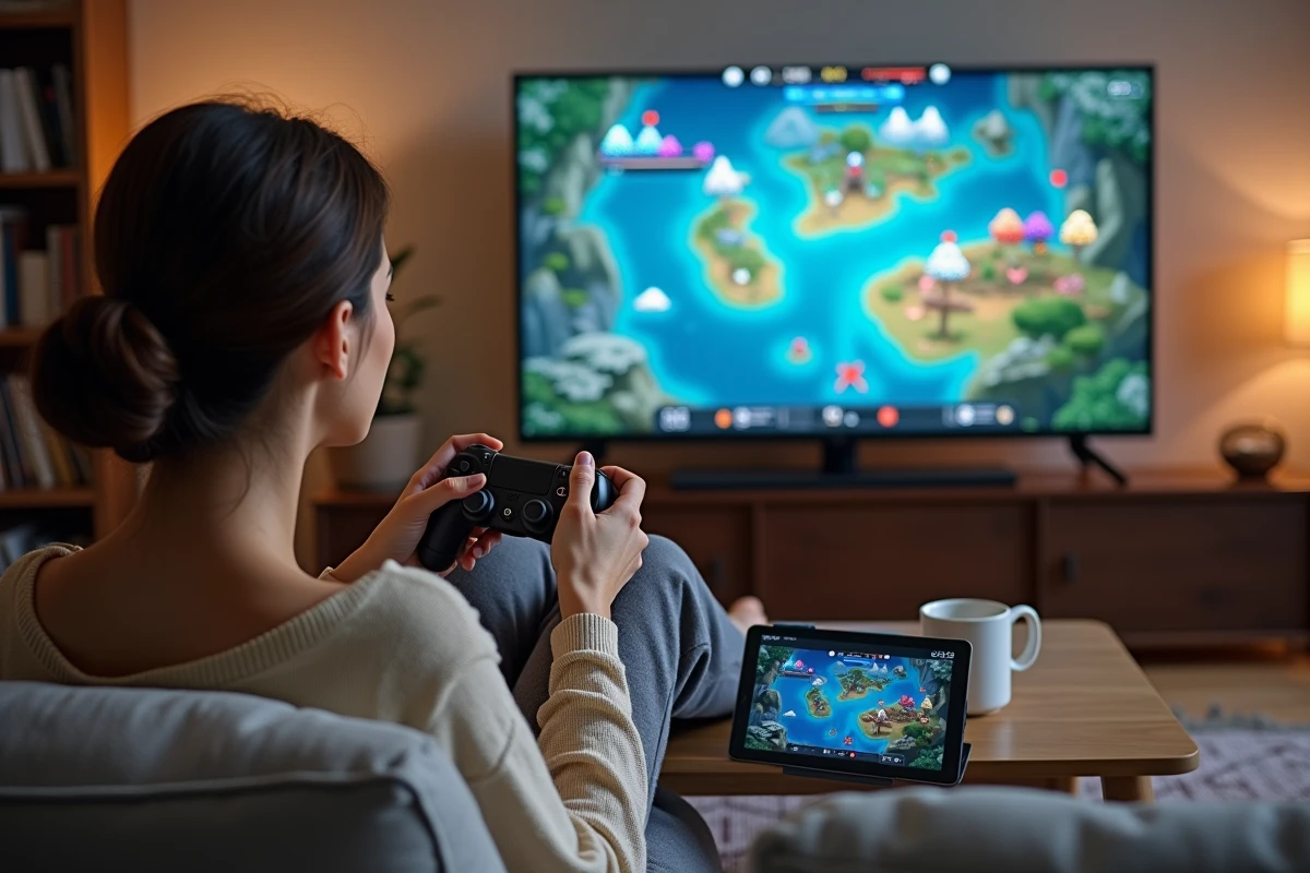 Joueuse consultant une soluce sur tablette en jouant à un RPG de stratégie sur grand écran TV