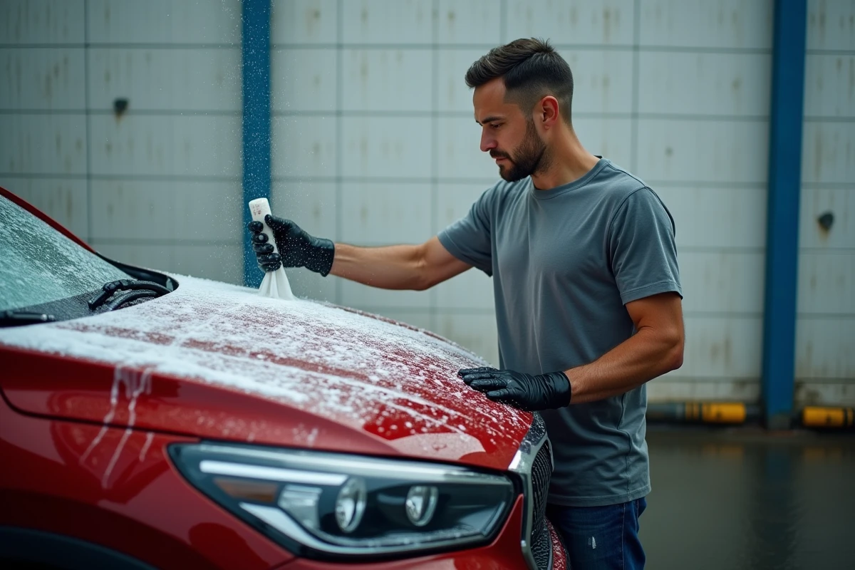 Homme lavant son SUV rouge avec une brosse à mousse dans une station de lavage libre-service