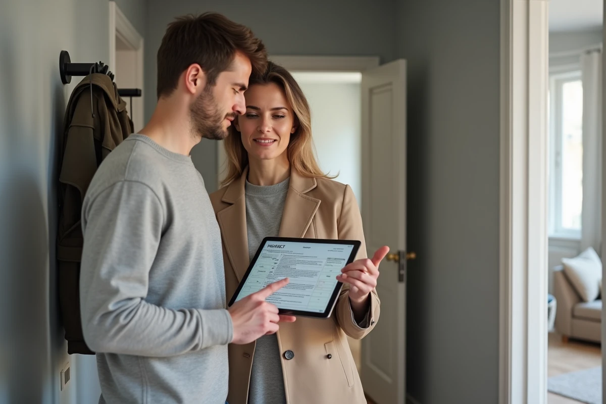 Locataire et gestionnaire immobilier examinant ensemble un état des lieux sur tablette