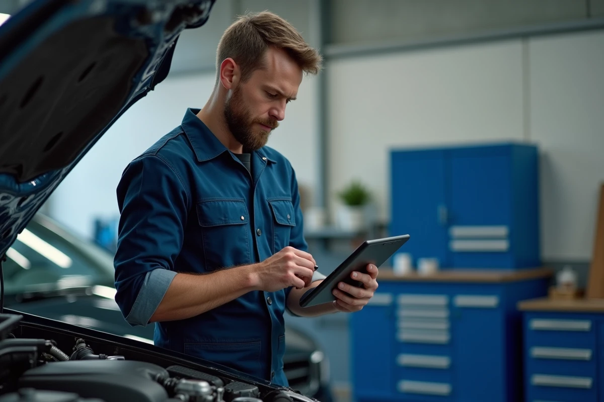 Mécanicien homme en overalls examine un moteur de voiture